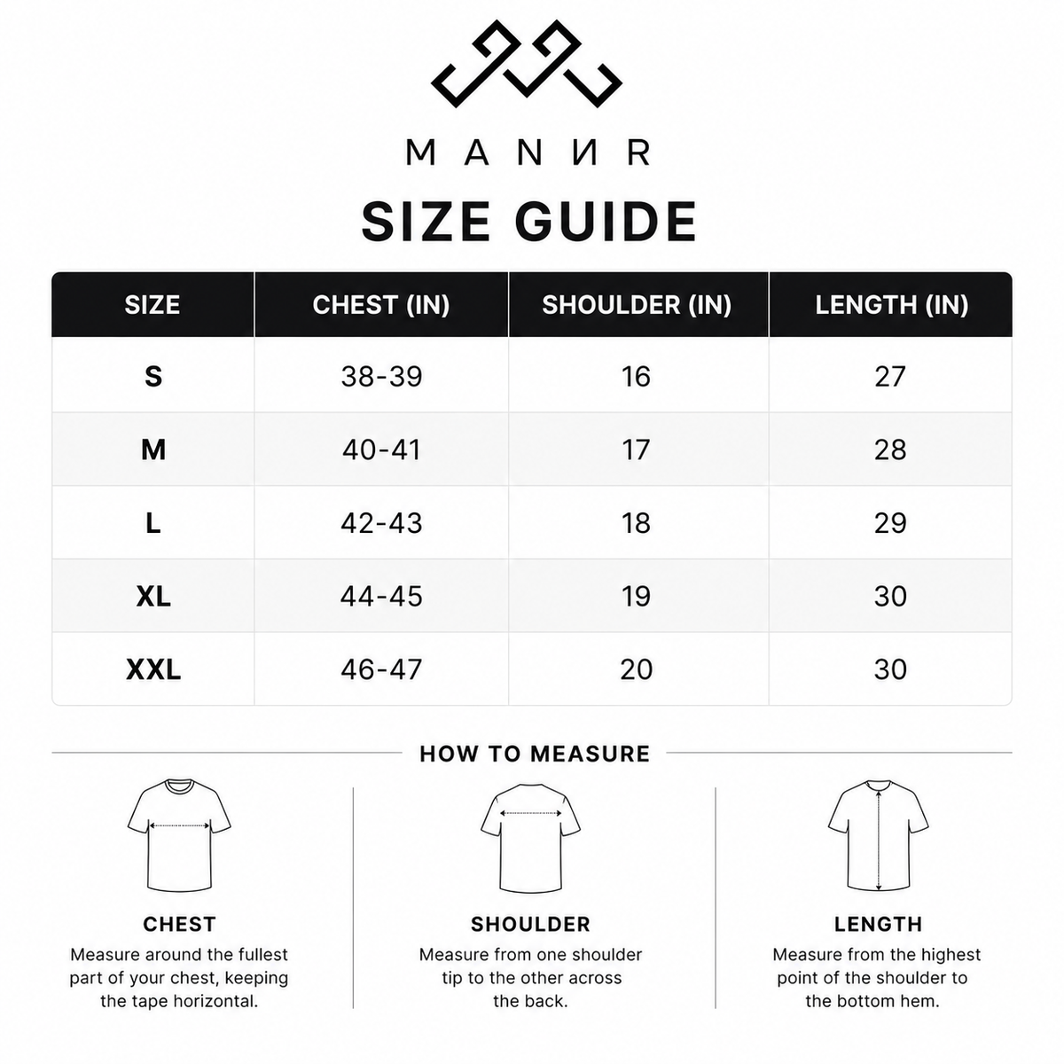 Size Chart for Noir Core Tee