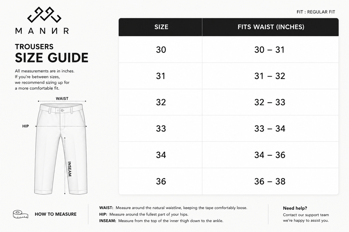 Size Chart for Obsidian Fit Trousers
